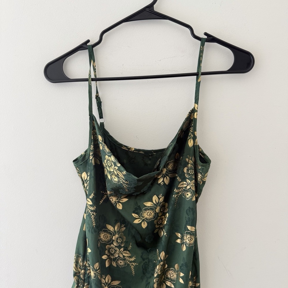 Y2K Green Gold Floral Satin Slip Dress XS Cowl Neck Ruched Fairy Grunge Mini - Picture 4 of 9